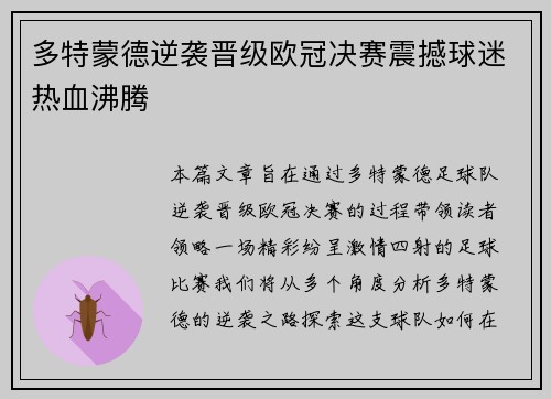 多特蒙德逆袭晋级欧冠决赛震撼球迷热血沸腾